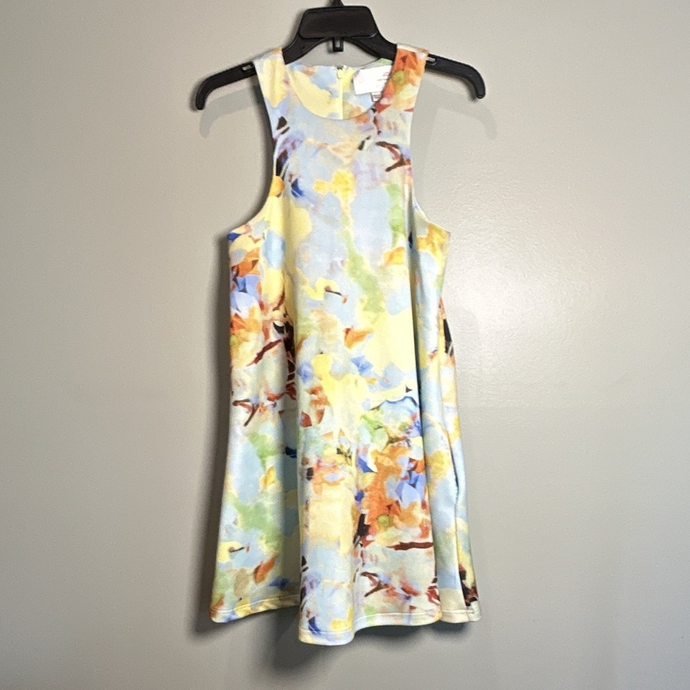J.O.A. Womens M Multicolor Abstract A-Line Dress Round Neck Sleeveless Back Zip